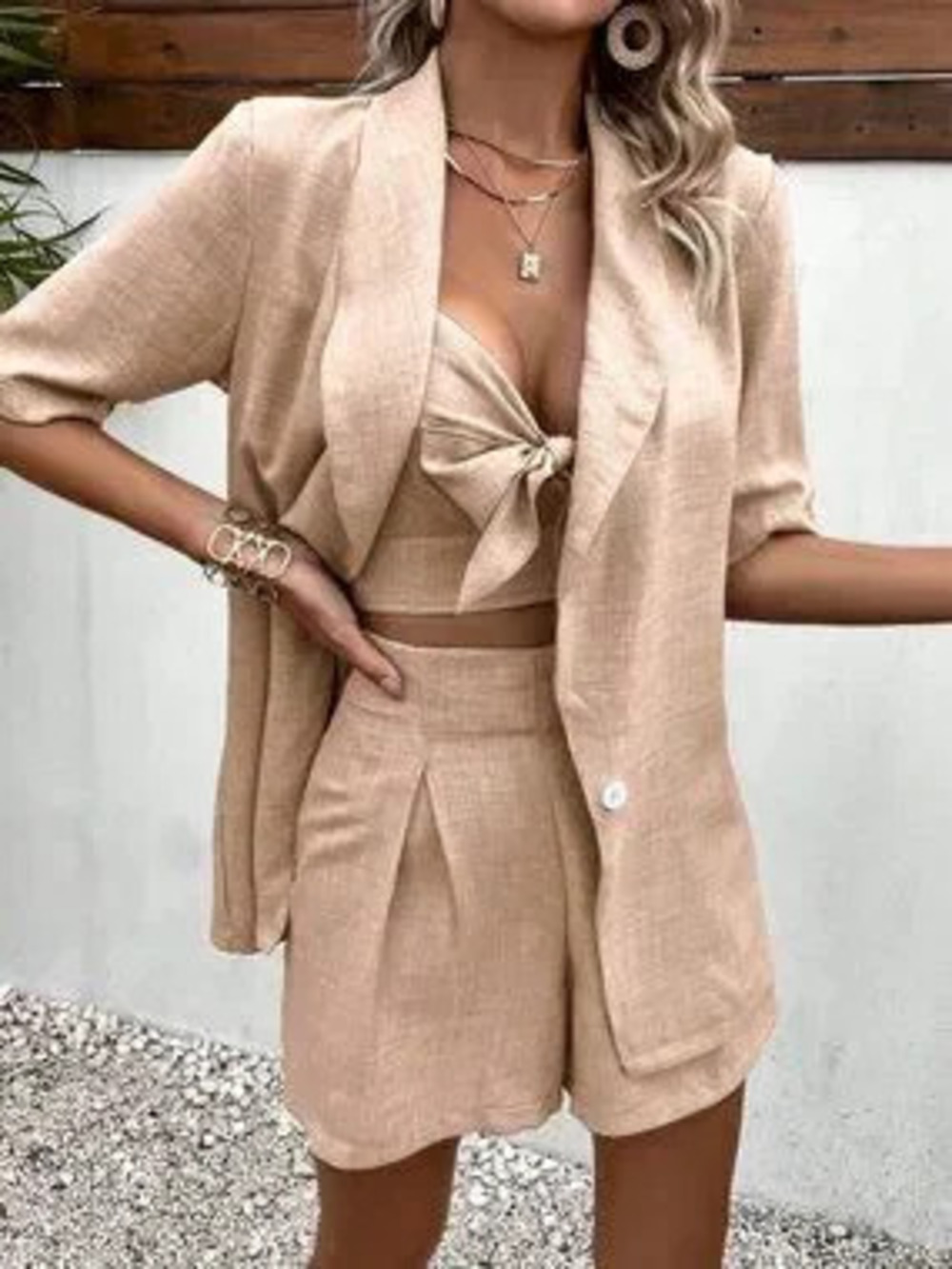 ZARA Tan Women's Shawl Collar Blazer & Fold Pleated Shorts & Cami Top